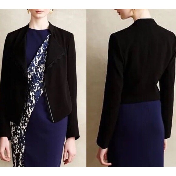 Elevenses Anthropologie Dimmet Drape Topper Jacket Lace Trim Black Blazer S NWT - Picture 2 of 11